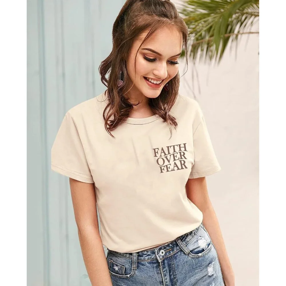 Faith Over Fear T-Shirt Womens Christian Tee Bible Verse Casual Top - Picture 5 of 5